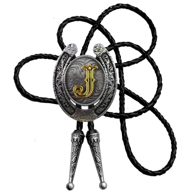 Moranse Bolo Tie Golden Initial Letter A to Z In Western Cowboy Horseshoe Style with Cowhide Rope Necktie(J)