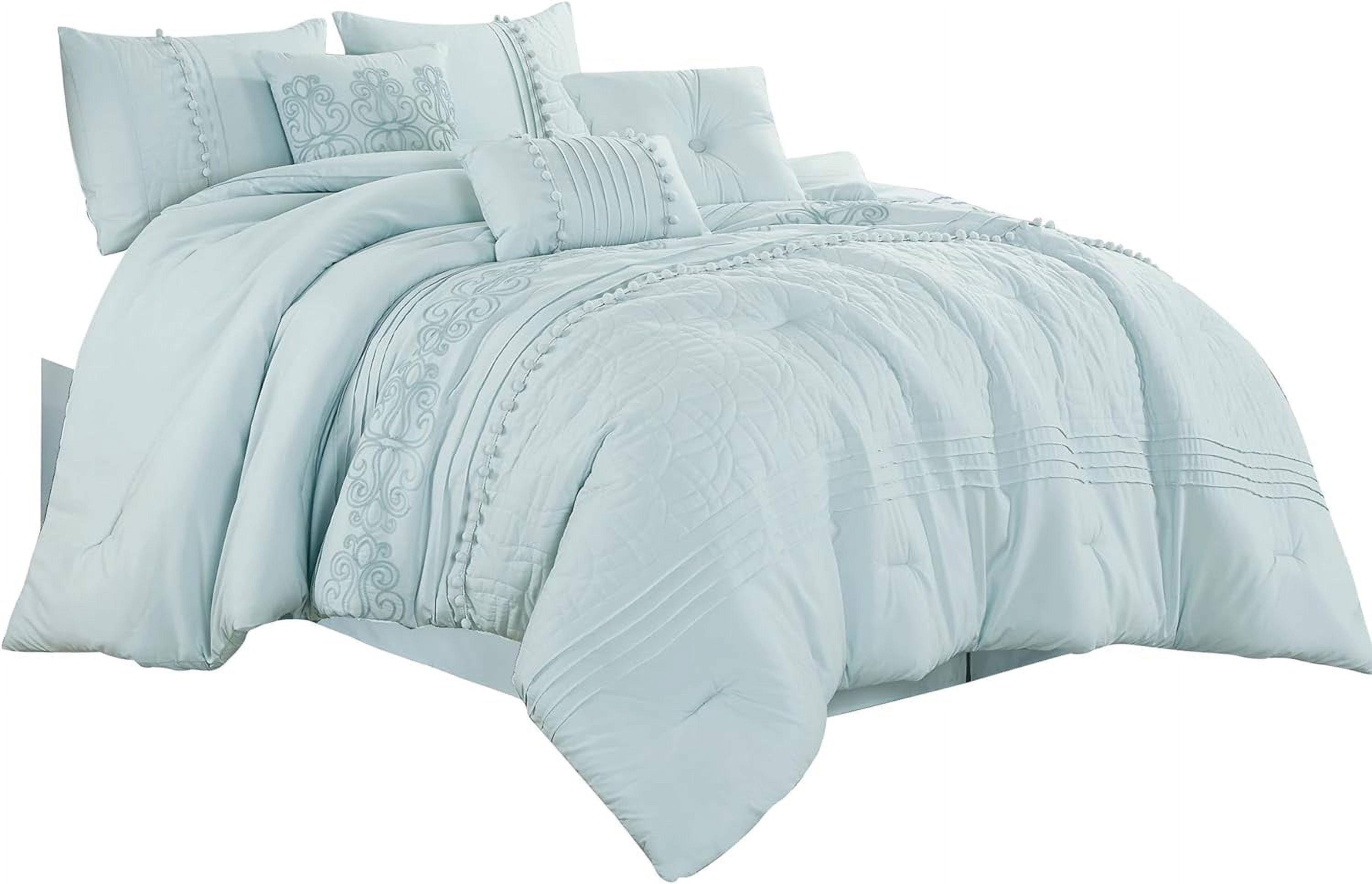 Chezmoi Collection 7-Piece Graceful Pale Blue Floral Chenille Pom Pom Embroidery Comforter Set, Queen