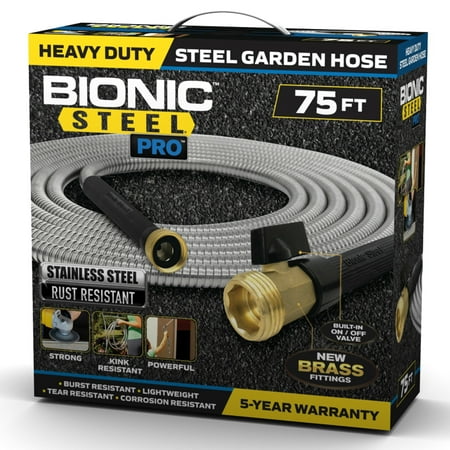 Bionic Steel PRO Garden Hose - 304 Stainless Steel Metal Garden Hose – Heavy Duty Lightweight, Kink-Free, Brass Fittings and On/Off Valve, 75ft.