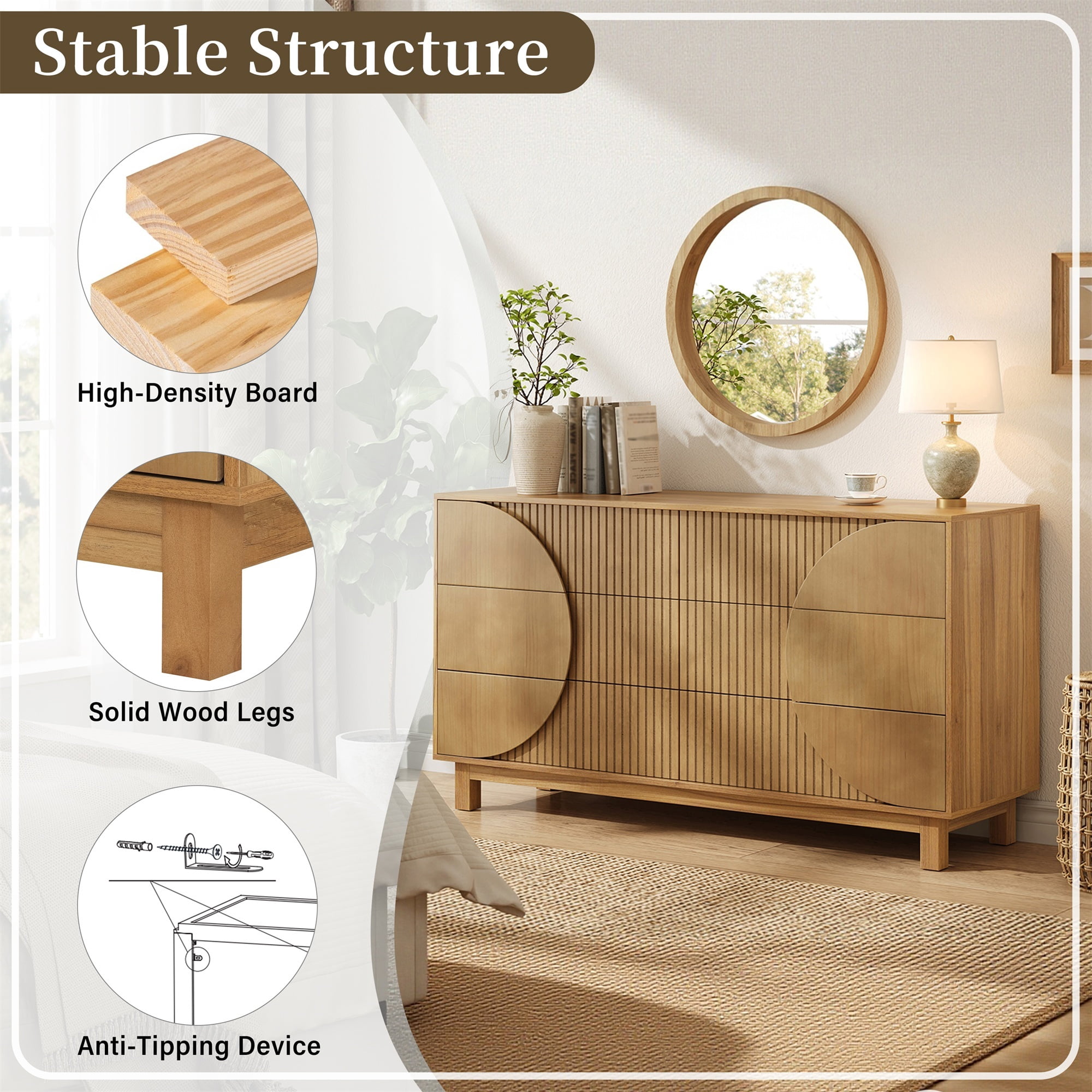 Alvantor 6 Drawer Dresser, 60" Wide Wooden Chest of Drawers with Upgraded Stable Base, Fluted Dresser for Bedroom Brown