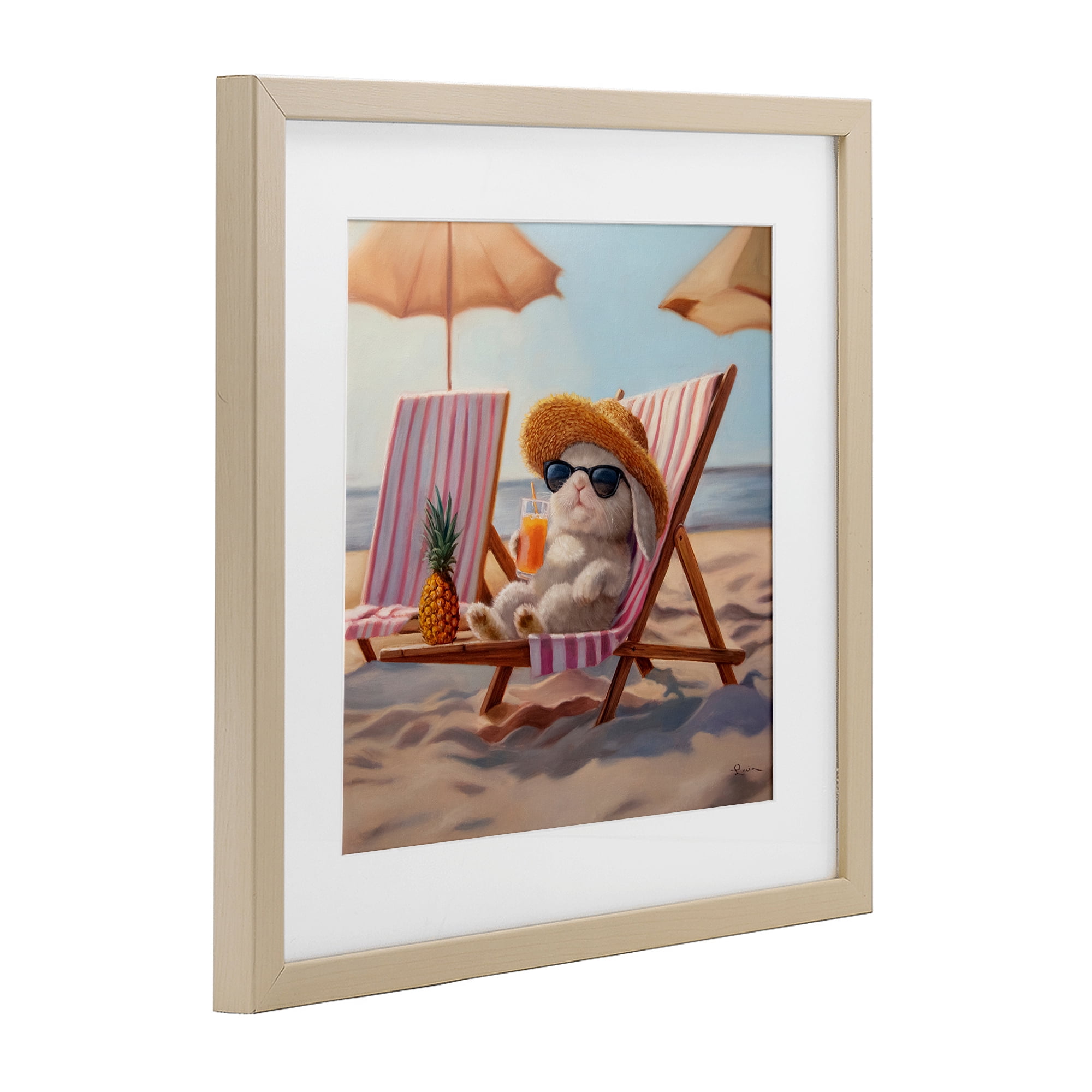 Beach Bun Relaxation Birch Framed Print Under Glass, design by Lucia Heffernan