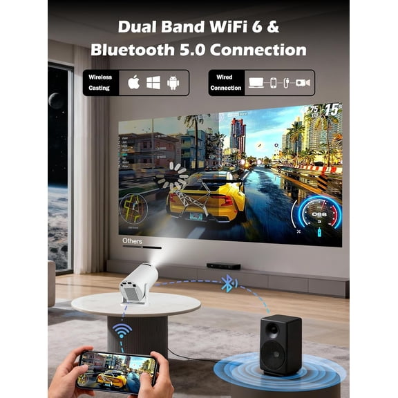 Mini Projector Support 4K, 200 Ansi Outdoor & Home Movie Portable Projector with Wifi6 and 5.0 Bluetooth, Automatic Keystone Correction, 180 ° Rotatable, Compatible with HDMI USB PC Laptop