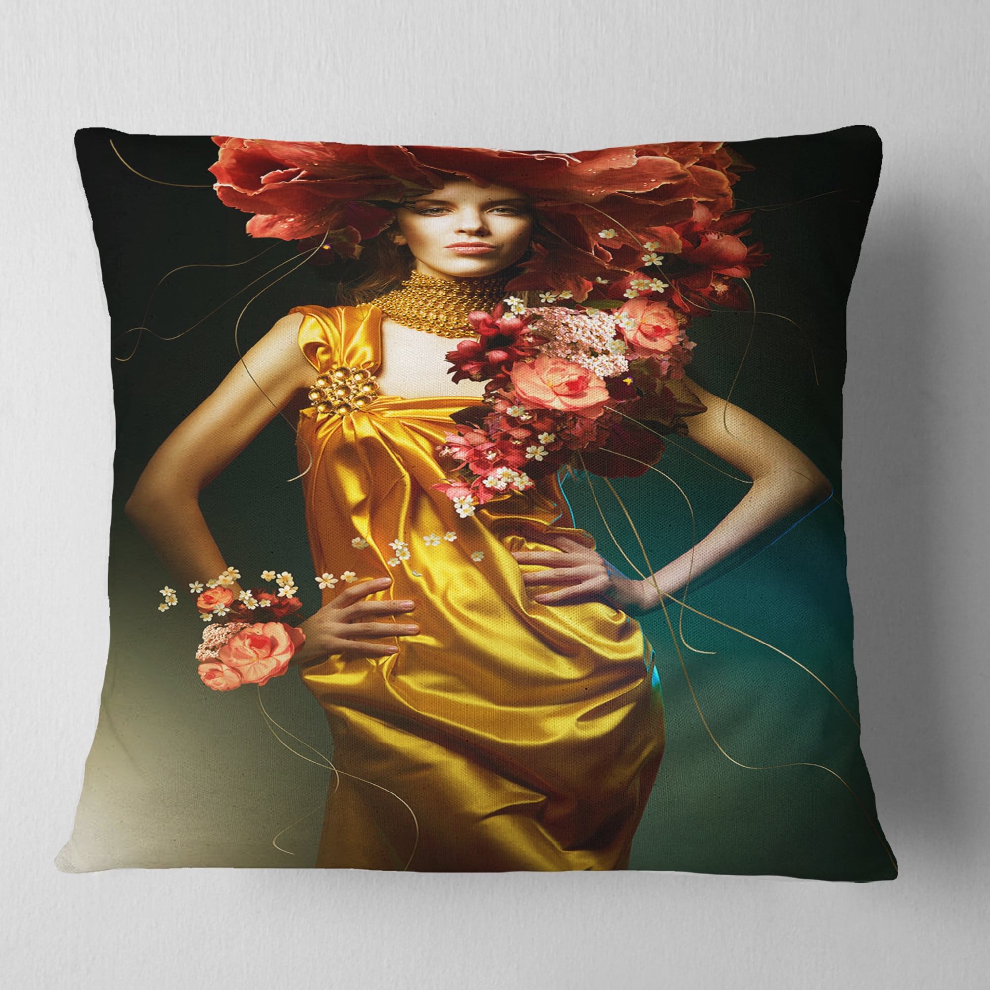 Designart Sensual Woman in Yellow Dress - Portrait Throw Pillow - 18x18