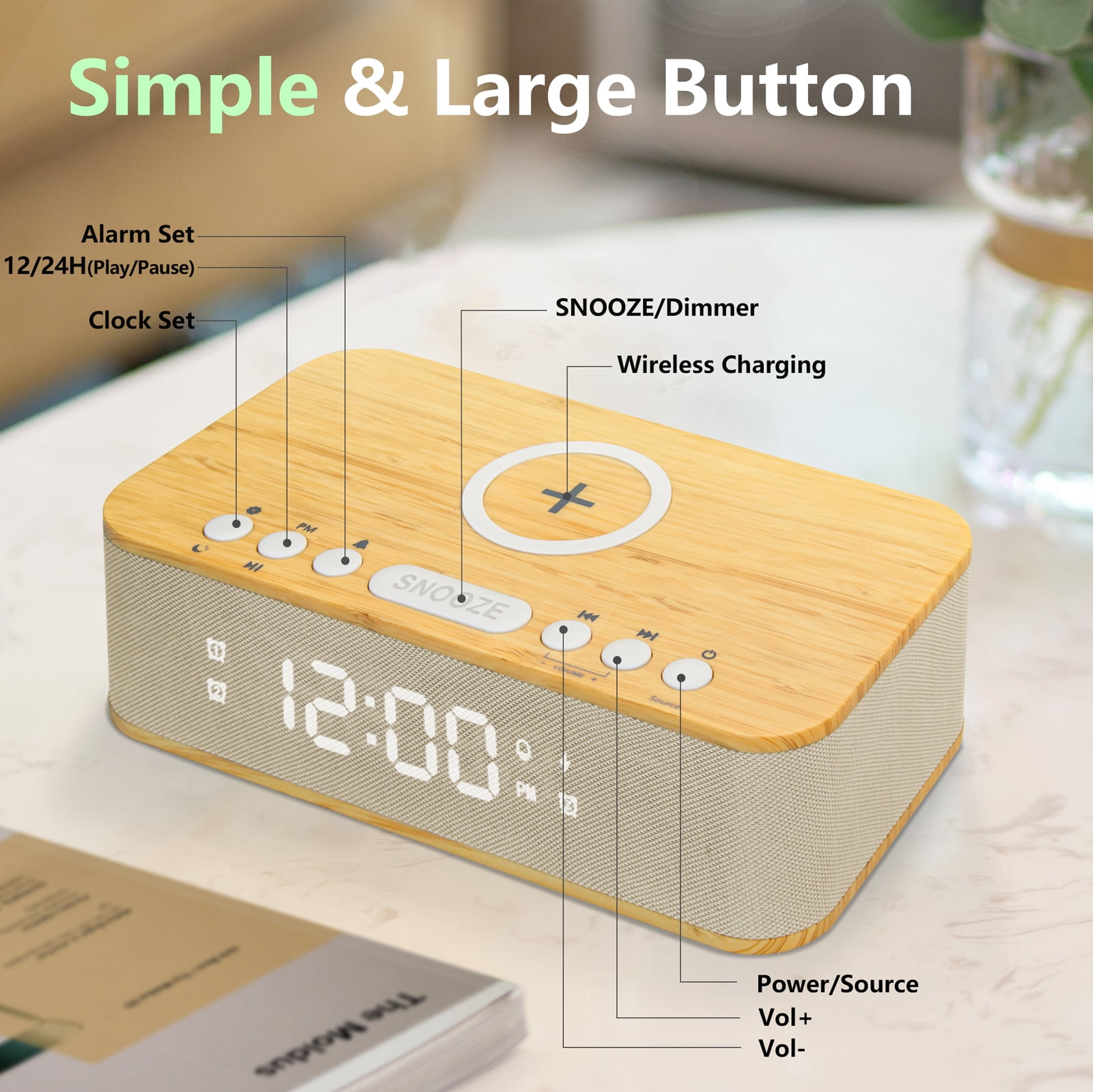 Fansbe Vibrating Digital Alarm Clock Bluetooth Speaker, Wireless Charging Alarm Clock Snooze, Wood