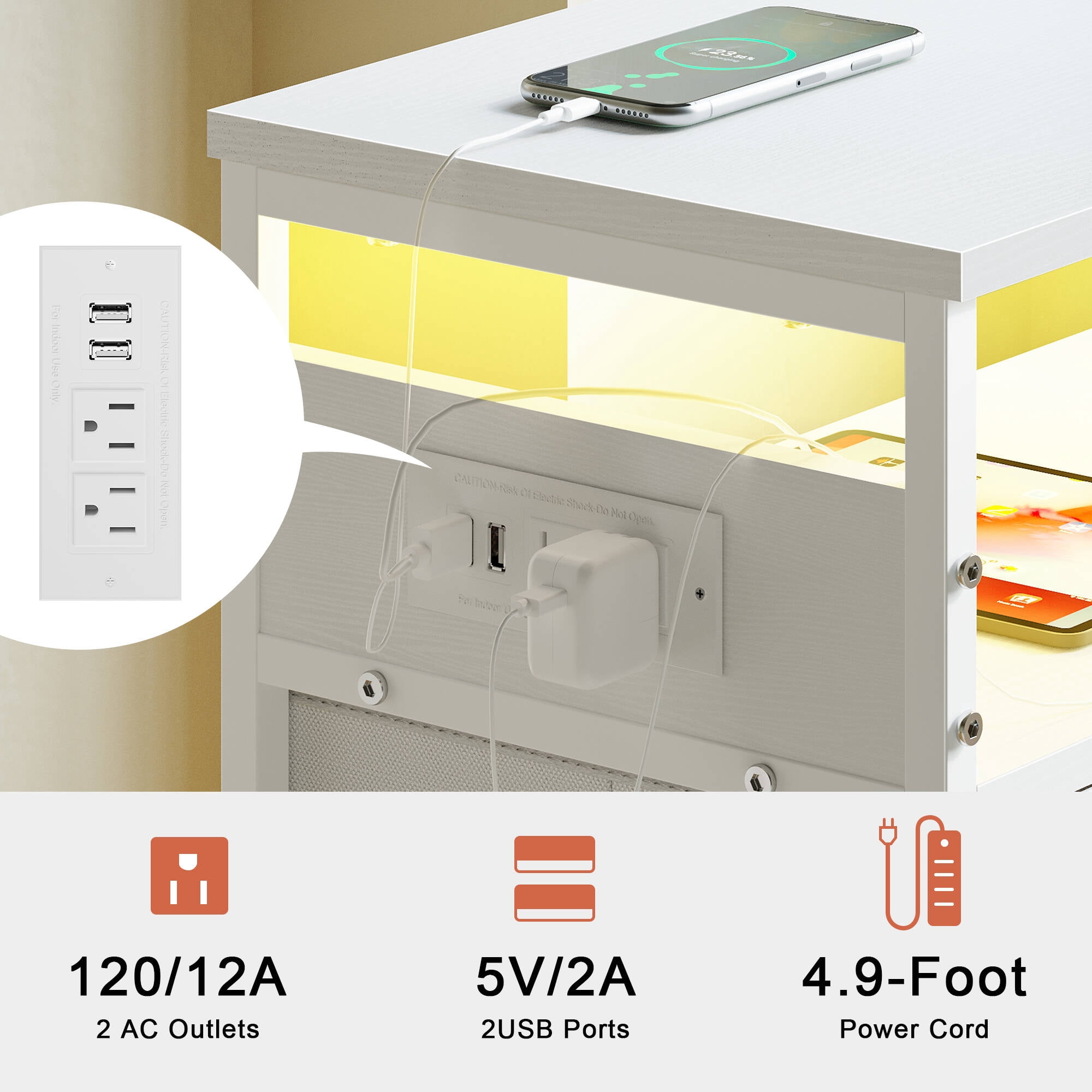 GUNAITO Led Nightstand Set of 2 with 4 Drawers Bedside Table with Charging Station Wide End Table with Storage Shelf for Living Room,White
