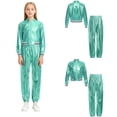 thumbnail image 4 of iiniim Boys Girls Hip Hop Modern Dance Outfit Shiny Metallic Long Sleeve Jacket and Pants Set Tracksuit Light Green 8, 4 of 7