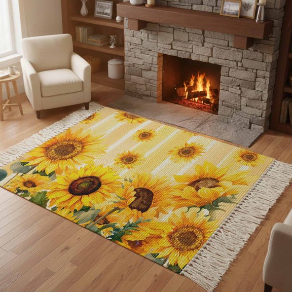 Kitchen Runner Rugs, Summer Sunflower Yellow Stripe 4'x6' Throw Rug with Tassels, Pastoral Green Leaves Washable Soft Floor Carpet Runner for Hallway Bedroom Bathroom Laundry Room