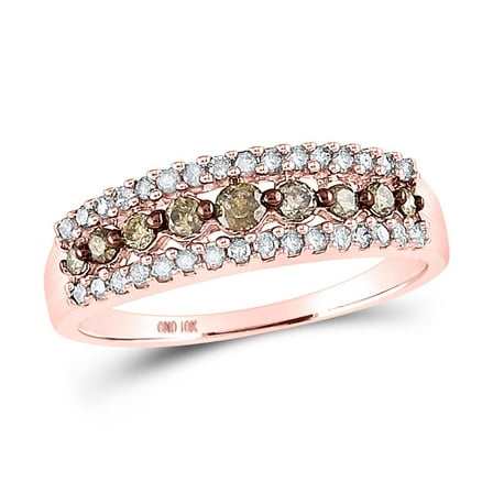 14K Rose Gold Genuine Brown Diamond Women's Graduated 3 Row Band Ring 1/2 CT