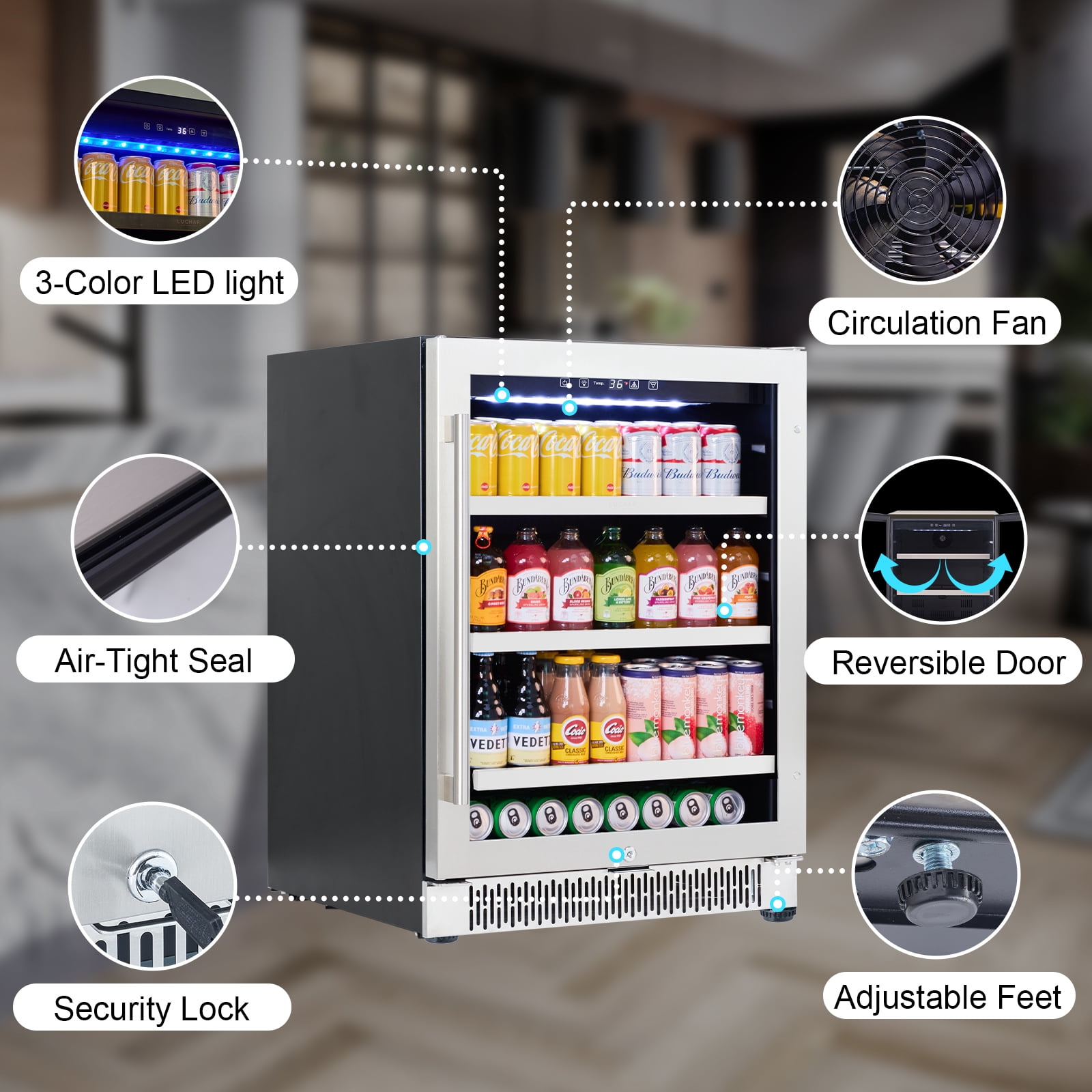 Luchar 24 Inch Beverage Refrigerator Cooler, 164 Cans Mini Fridge with Glass Door