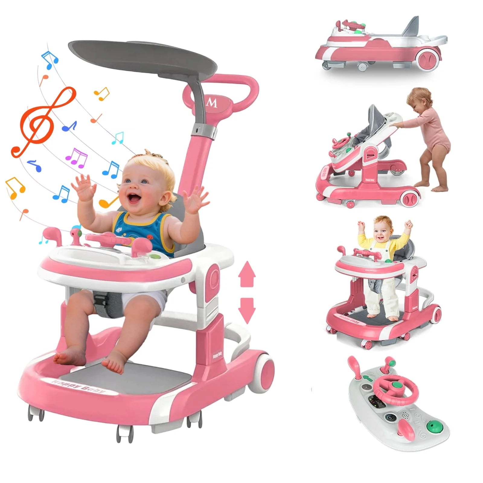 KFeng 5-in-1 Baby Walker with Wheels Portable, Foldable Infant Toddler Walker for Boys Girls 6-18 Month, Removable Footrest, Car Steering Wheel & Music, Adjustable Push Walker Pink