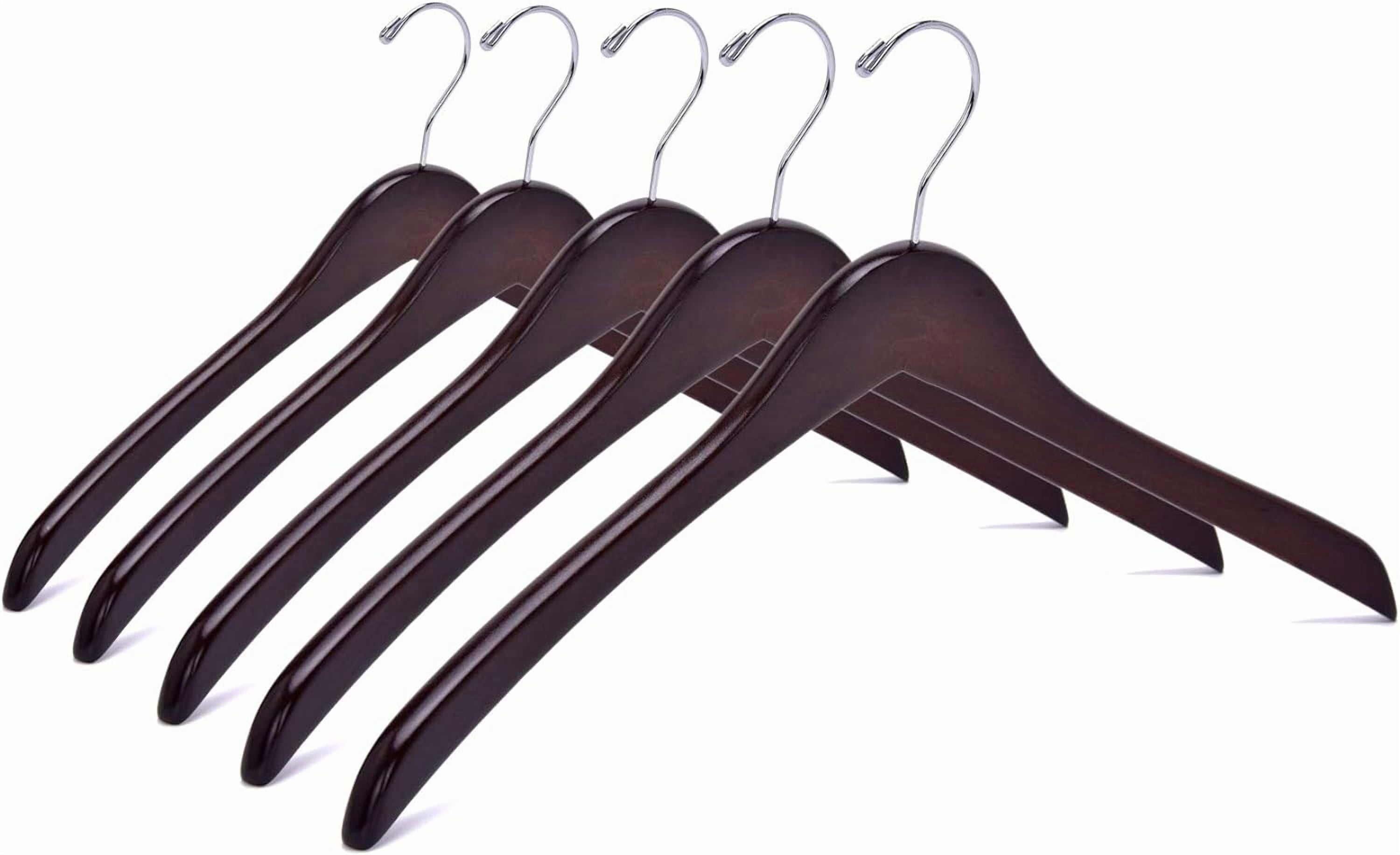 Wooden Curved Coat Hangers - Smooth Solid Wood Pants Hanger With Chrome Swivel Hook - Perfect for Suits and Jackets - Walnut - 5 Pack