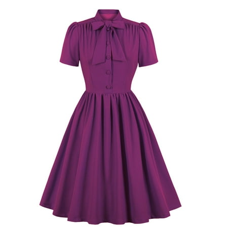 SWSMCLT Women s Midi Dress Short Sleeve Sundress Vintage Stretch Casual Cocktail Mock Neck A Line Dress Fall A Line Summer Purple Medium