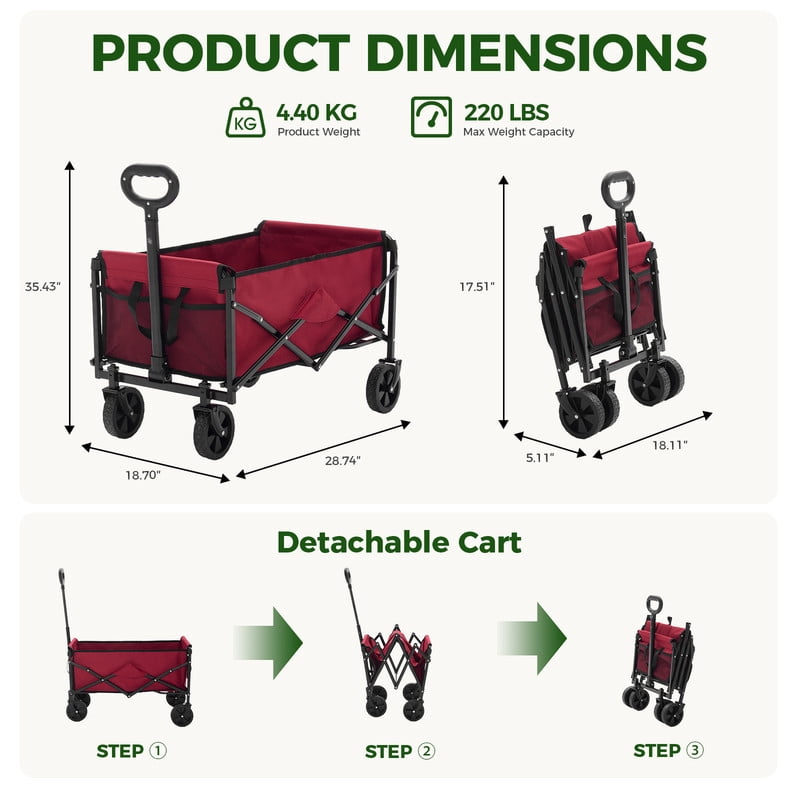Gianna Collapsible Folding Wagon, Heavy Large Capacity Garden Wagon, Big Bucket Beach Cart with Multi-Terrain Brake Wheels for Outdoor Camping, Shopping, 28.7" X 18.7" X 35.4"，Red