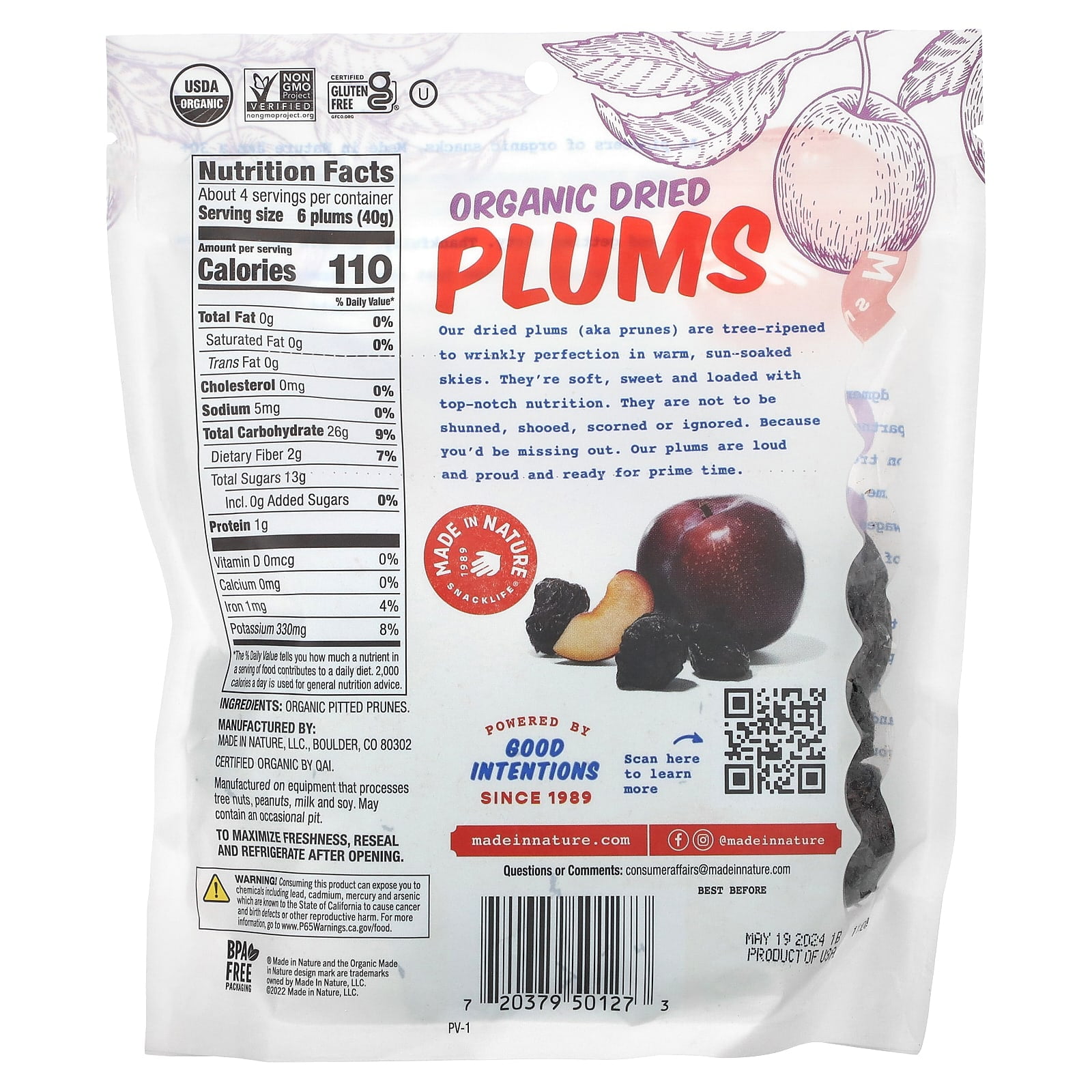 Made in Nature, Organic Dried Plums, Well Pruned Supersnacks, 6 oz Pack of 3