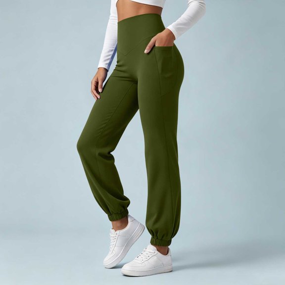 BRELIL Women's High Waisted Jogger Pants with Pockets Solid Casual Active Long Lounge Pants Athletic Workout Fall Winter Comfort Trousers, Army Green S