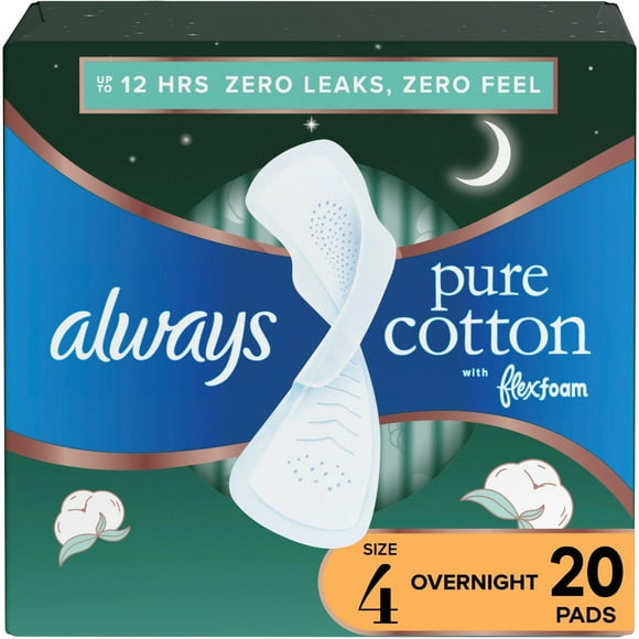 Always Pure Cotton Feminine Pads for Women, FlexFoam Pads with Wings, Size 4, Overnight Absorbency, Unscented, 20CT