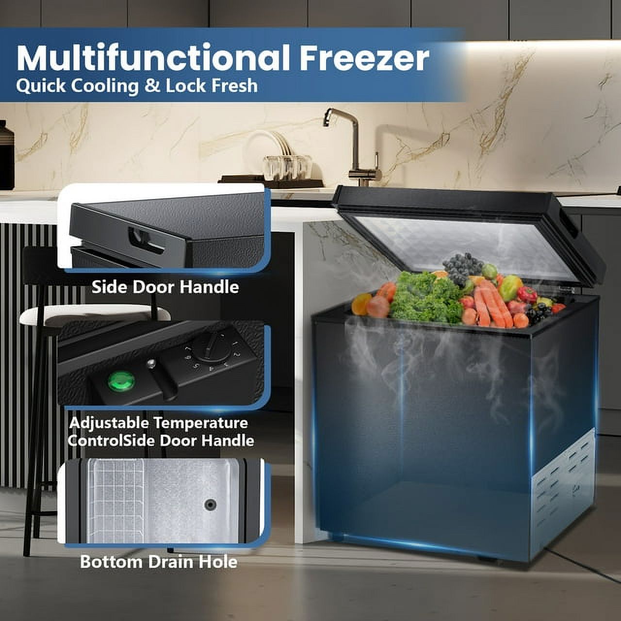 Electactic 1.8 Cubic Feet Chest Freezer with 2 removable baskets Free Standing Top open Door Deep Compact Freezer Suitable for Home/RV/Kitchen/Office-Black