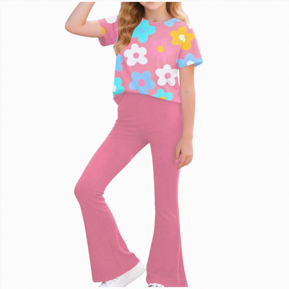 Kogui Teen Outfit Girls Ribbed Knit 2 Piece Outfit Set, Short Sleeve Top with Wide Leg Pants, Summer Casual Clothing Size 11-12 (Hot Pink,11-12 Years)