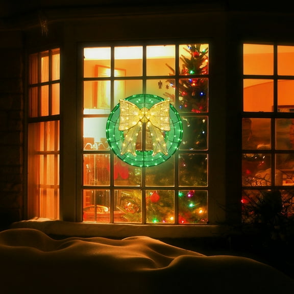 Qiushi 24in Pre-lit Outdoor Christmas Wreath with Golden Bow, 200 Green & Warm White LED Lighted Metal Wreath, Weatherproof Front Door Wreath for Indoor Outdoor Holiday Decor