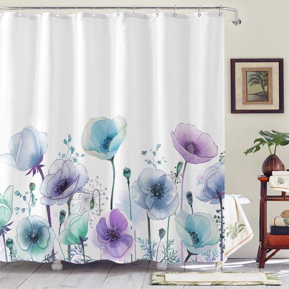 Lavender Aqua Blue Watercolor Translucent Floral Bloom Shower Curtain Sets with Hooks 72''x72''