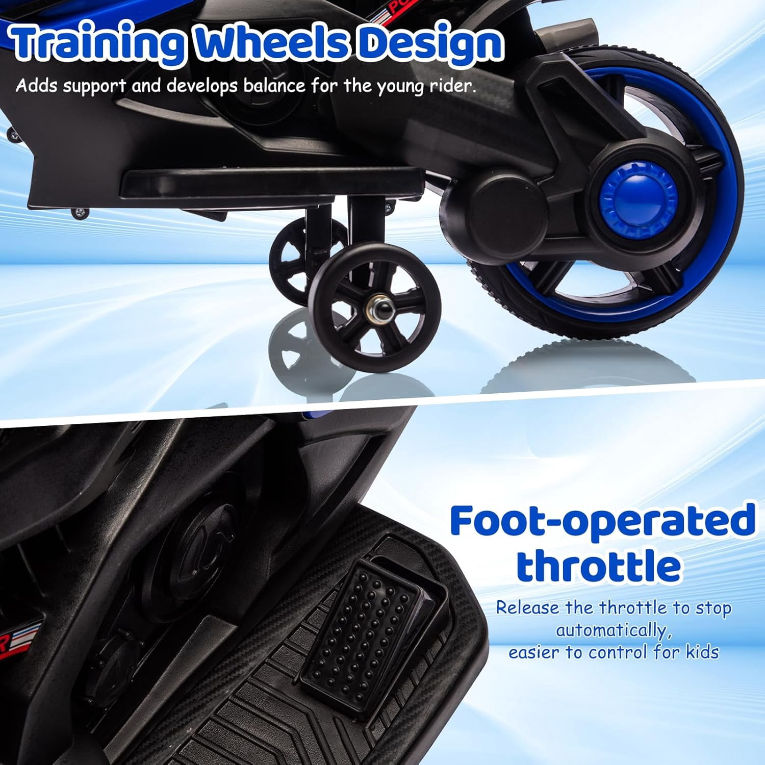 Trilenars 6V Motorcycle, Electric Ride On Car Toy with Training Wheels, Working Headlight, Horn & Music, Battery PoweRed Ride On Motorcycle Toy for Ages 3-6,Blue