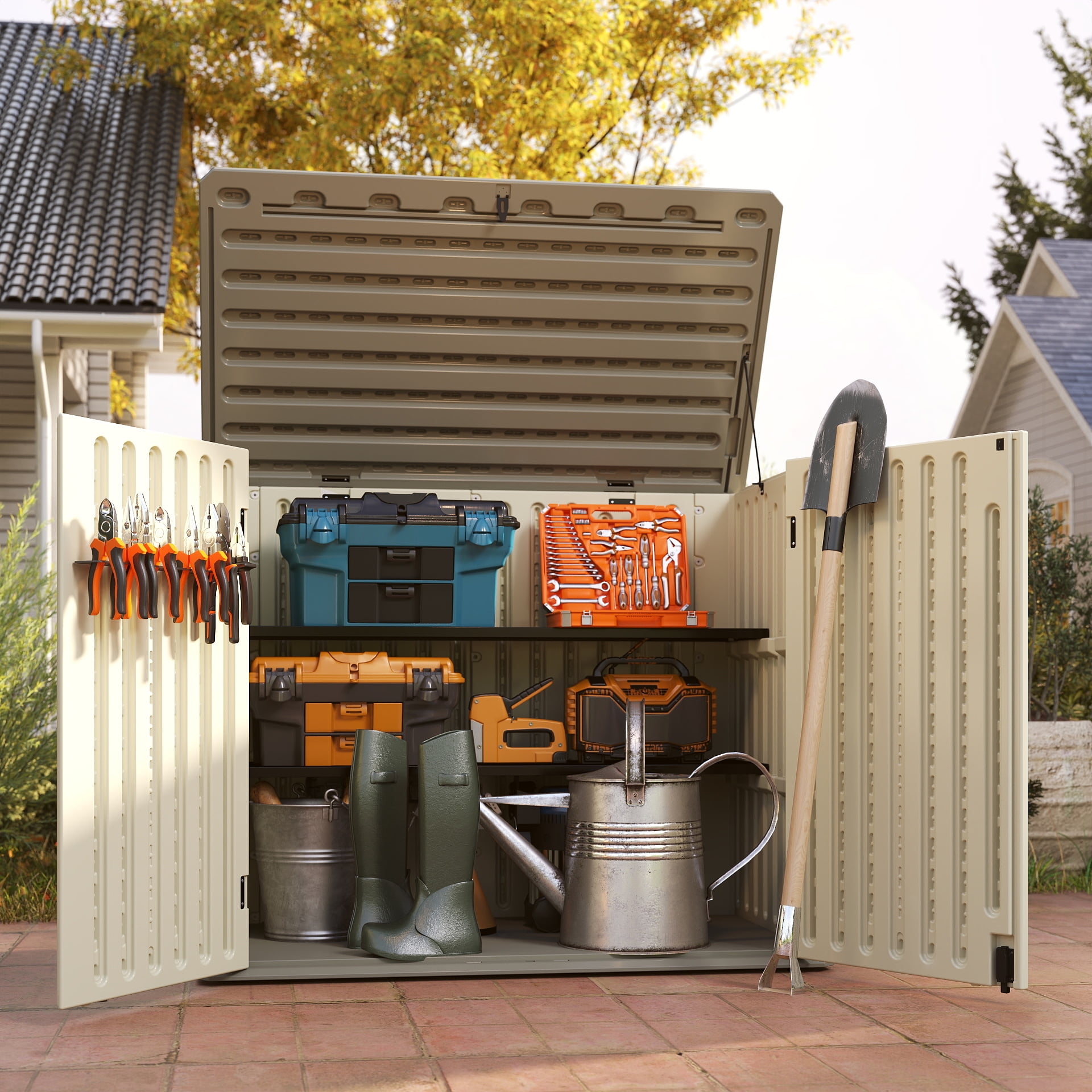 EHHLY Vertical Resin Storage Shed with 2 Shelves, 47 Cuft Garden Tool Sheds & Outdoor Storage, Plastic Outdoor Storage Cabinet Waterproof, 4.5x2.8 ft Backyard Outside Lawn Mower Storage Shed, Vanilla