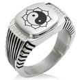 thumbnail image 1 of Stainless Steel Sacred Lotus Yin Yang CZ Ribbed Needle Stripe Pattern Biker Style Polished Ring, 1 of 1