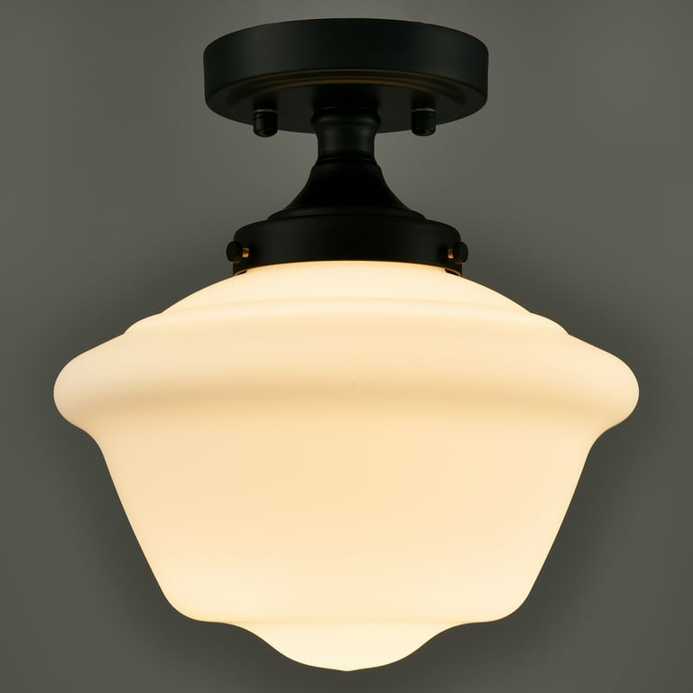 Black Schoolhouse Ceiling Light Fixture with Milk Glass Shade