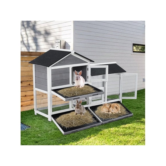 Ourlova Clapier pour Lapin de 63 Pouces Intérieur avec 3 Plateaux Étanches en Bois Toit Imperméable Clapier pour Lapin Intérieur Extérieur Maison pour Lapin à 2 Niveaux Enclos pour Poules Gris et Noir