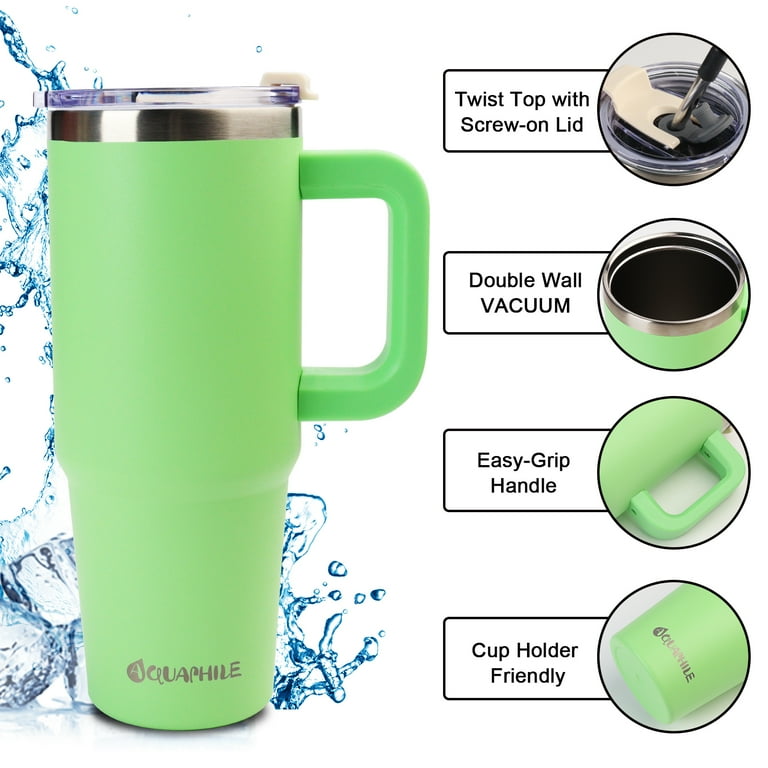 Aquaphile Travel Coffee Tumbler with Handle, Lid and Straw, 30 oz Insulated Stainless Steel Mug, Green