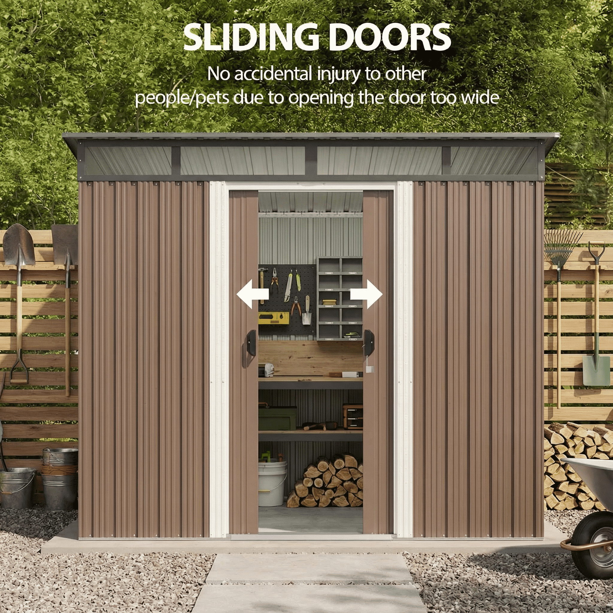 7.4'x5.3' FT Galvanized Steel Outdoor Storage Shed, Sliding Door Design, Multipurpose for Bike & Tool Storage - Brown