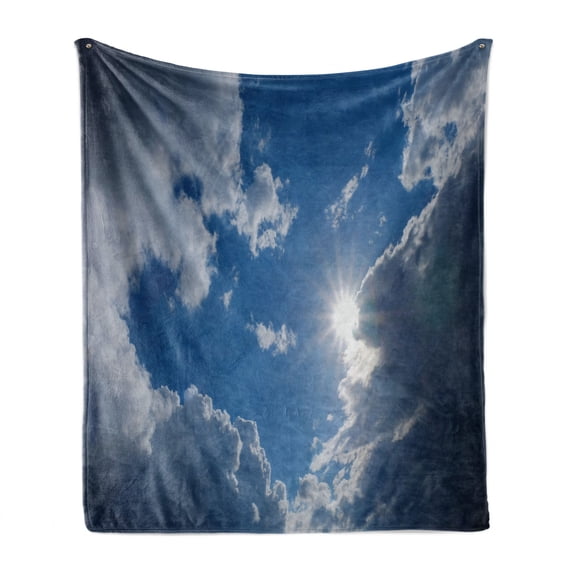 Landscape Soft Flannel Fleece Blanket, Clear Weather Vivid Vibrant Sun on Sky with Clouds Solar of Clean Energy Power Art, Cozy Plush for Indoor and Outdoor Use, 50" x 70", Grey Blue, by Ambesonne