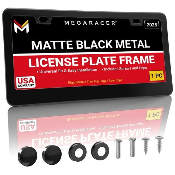 Mega Racer Matte Black License Plate Frame (1 Piece) – Stainless Steel, Rattle-Free, Rust-Resistant, Slim Top Wide Bottom Design, Front or Rear Plate Holder with Black Screw Caps