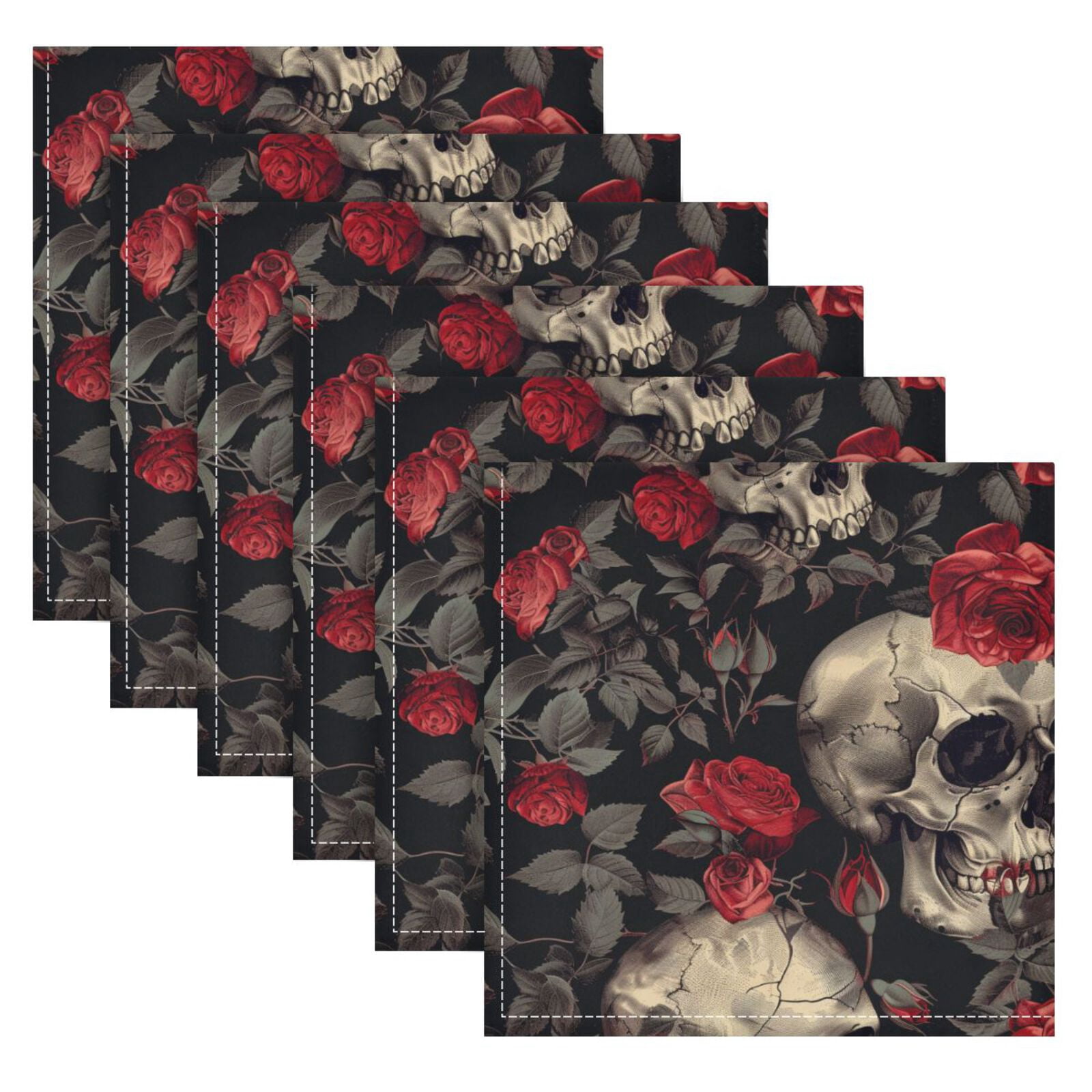 JSTEL Skull Red Rose Flower Floral Cloth Napkins Set of 6, 20x20 Inch Washable and Reusable Napkin for Decoupage Dinner Party Everyday Use