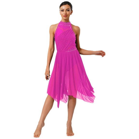 Mufeng Lyrical Dance Dress for Women Halter Glittery Rhinestone Ballet Leotards Modern Dance Dress Light Hot Pink L