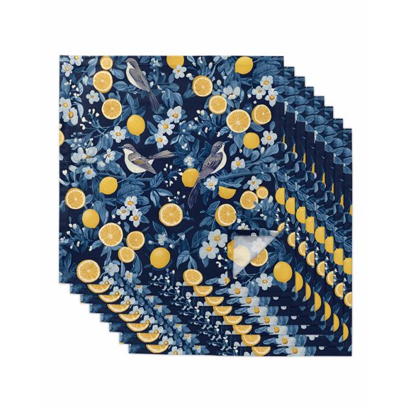 nqOlkjepod Lemon Bird Cloth Napkins Set of 8 Reusable Dinner Napkins, Blue Yellow Pastoral Flowers Plant Summer Cocktail Napkin Washable Table Napkins for Wedding/Holiday Party/Baby Shower 20"x20"