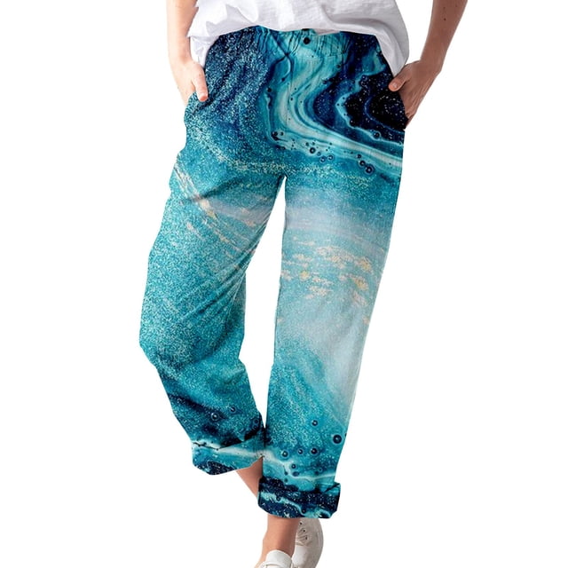 toraway Pantalons Décontractés pour Femmes, Longueur Courte, Poches en Coton et Lin Imprimé, Mode Décontractée S