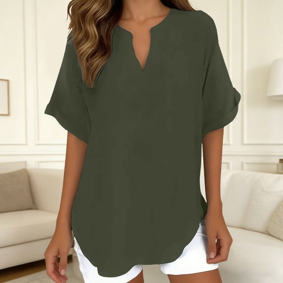 Ticikt Women's Casual Blouse, Summer Loose Solid Color V-Neck Short Sleeve Tunic Shirt,Green,M