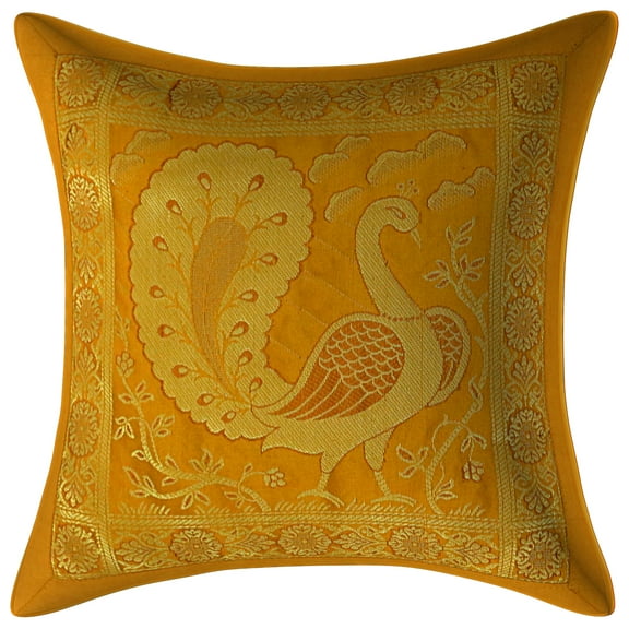 Stylo Culture Ethnic Couch Brocade Mustard Yellow And Gold Sofa Throw Pillow Covers 12x12 Jacquard Weave Banarsi Decorative Pillow Covers For Couch Dancing Peacock 30x30 cm Cushion Covers (1 Pc)