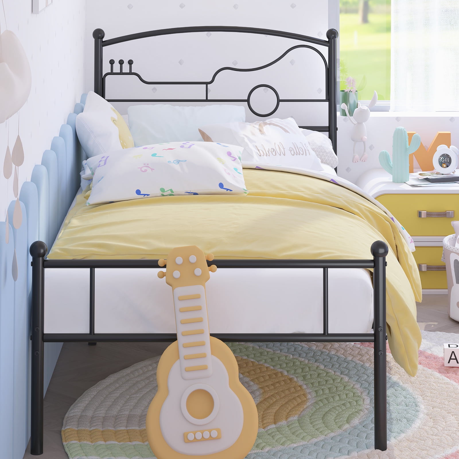 Yoneston Twin Size Platform Bed with Guitar Headboard Heavy Duty Metal Bed Frame for Boys Kids Teens Bedroom Furniture, Black
