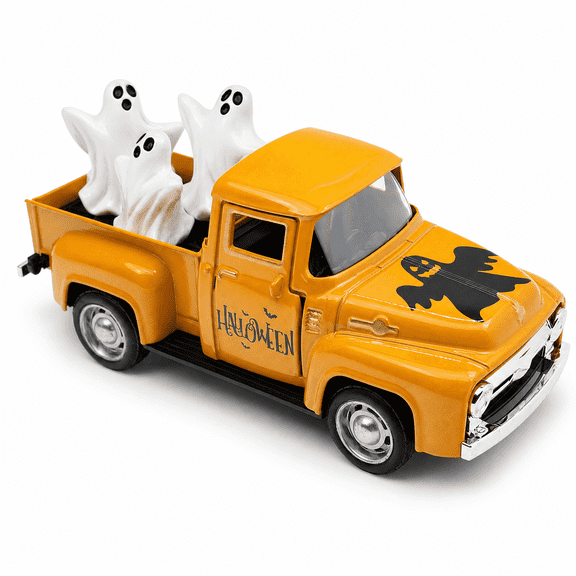 Yellow Halloween Ghost Truck, Halloween Truck Decorations, Halloween Decor for Home Indoor, Mini Metal Tabletop Centerpiece, 4.9in