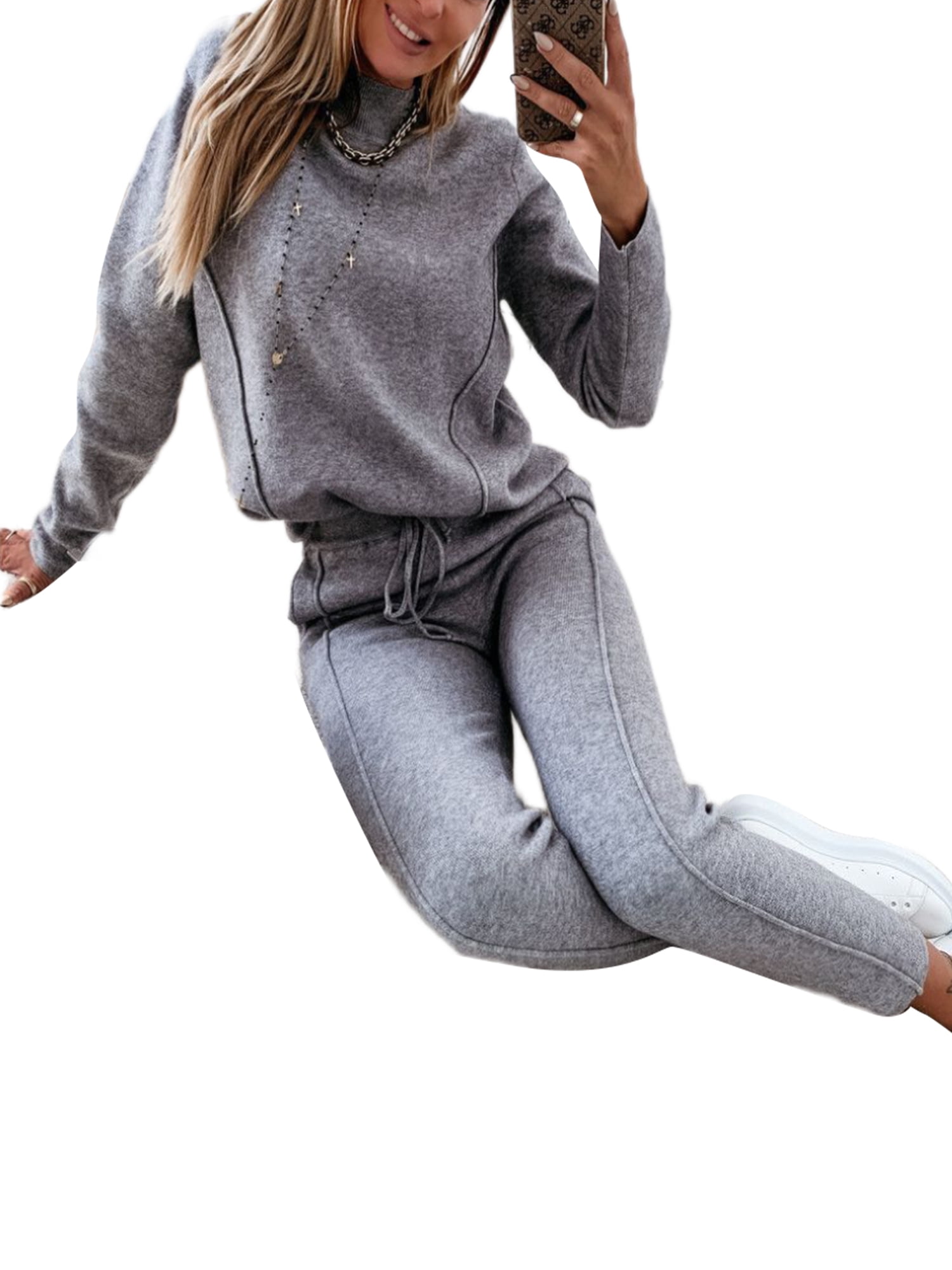 Frontwalk Women Tracksuit Sets Crew Neck Two Piece Outfit Long Sleeve