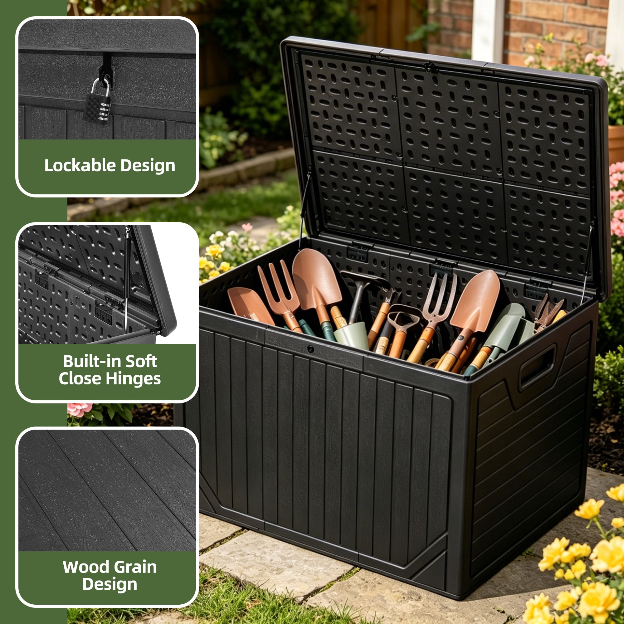 Uforic 230 Gallon Extra Large Resin Deck Box, Lockable Waterproof Outdoor Storage Bin, Weatherproof Patio Container for Patio Cushions, Garden Tools and Pool Supplies, Black