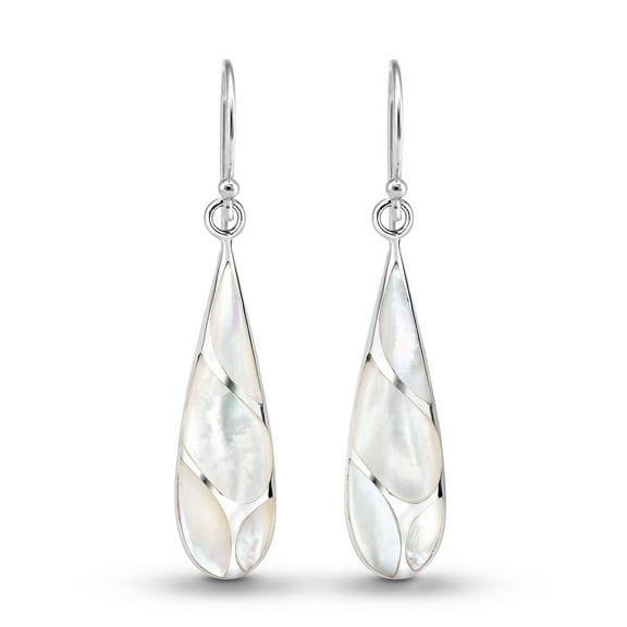 Vintage White Mother of Pearl Streak Teardrop Sterling Silver Earrings