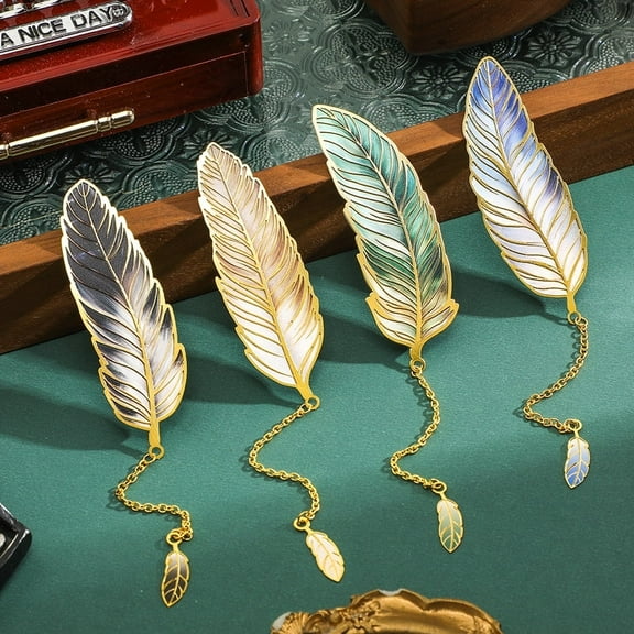 4pcs Metal Feather Bookmarks with Pendant Elegant Bookmark Set for Book Lovers, Writers, Readers Durable Book Markers with English Inscriptions Unique Gifts for Men, Women