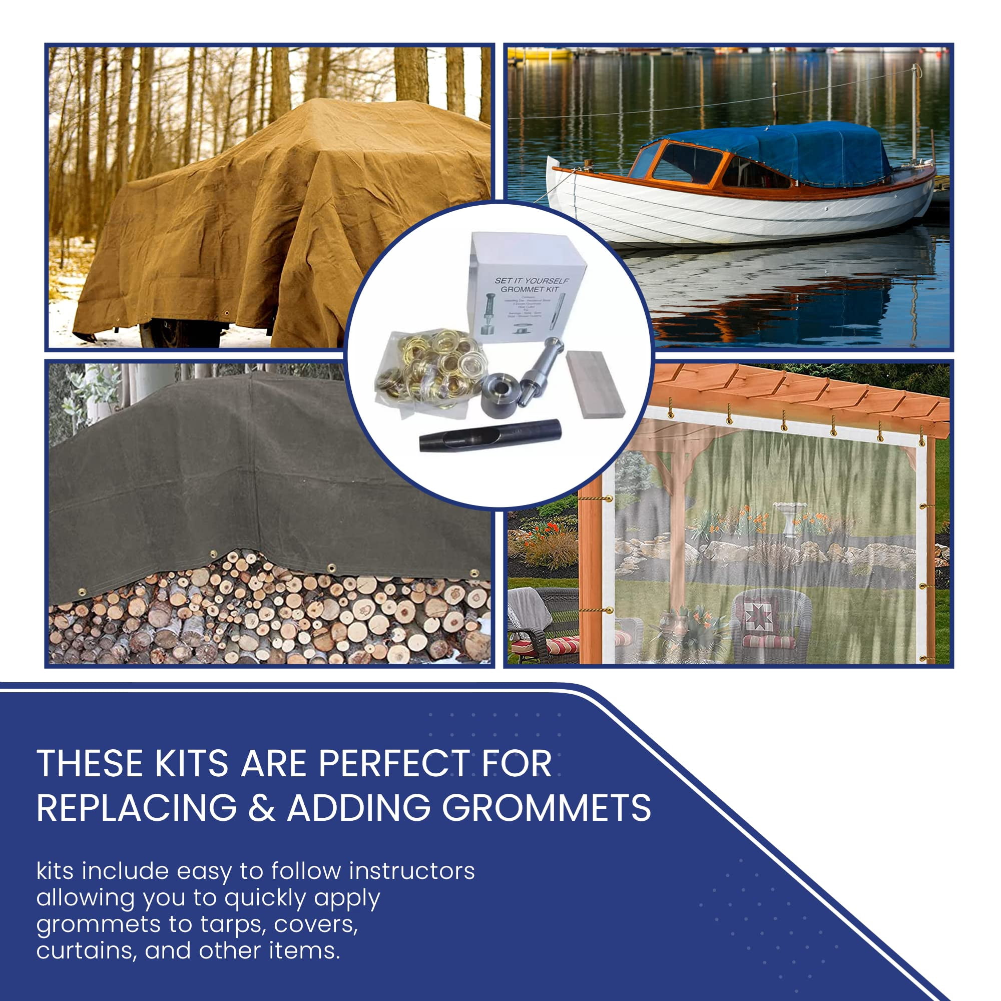 Tarps Now ® Grommet Tool Kit #00 (3/16" Hole) with Grommet Die Cutting Punch, Small Cutting Board, and Paired Sets of Grommets and Washers for Tarp Repair or Addition (36 ct), Brass Finish