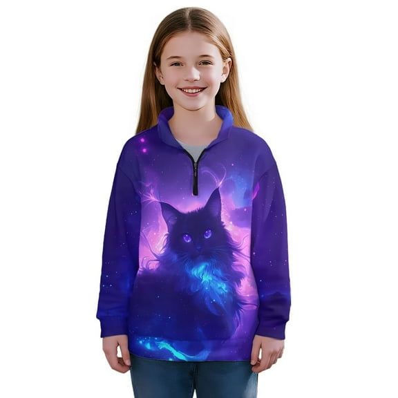 Uorisanigo Girls Oversized Sweatshirts Purple Galaxy Cat Half Zip Pullover Sweatshirt for Teen Girl Lightweight Long Sleeve Pullover Top Quarter Zipper Jackets for Teen Girl