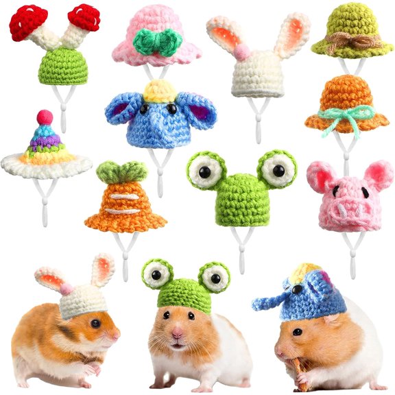 10PCS Mini Hamster Hat Hand Knitted Small Animals Hat with Adjustable Strap Frog Bunny Rainbow Carrot Mini Hat Tiny Cute Pet Hat for Small Animals Holiday Party Clothes Costume Accessories Photo Props