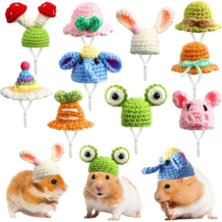 10PCS Mini Hamster Hat Hand Knitted Small Animals Hat with Adjustable Strap Frog Bunny Rainbow Carrot Mini Hat Tiny Cute Pet Hat for Small Animals Holiday Party Clothes Costume Accessories Photo Props