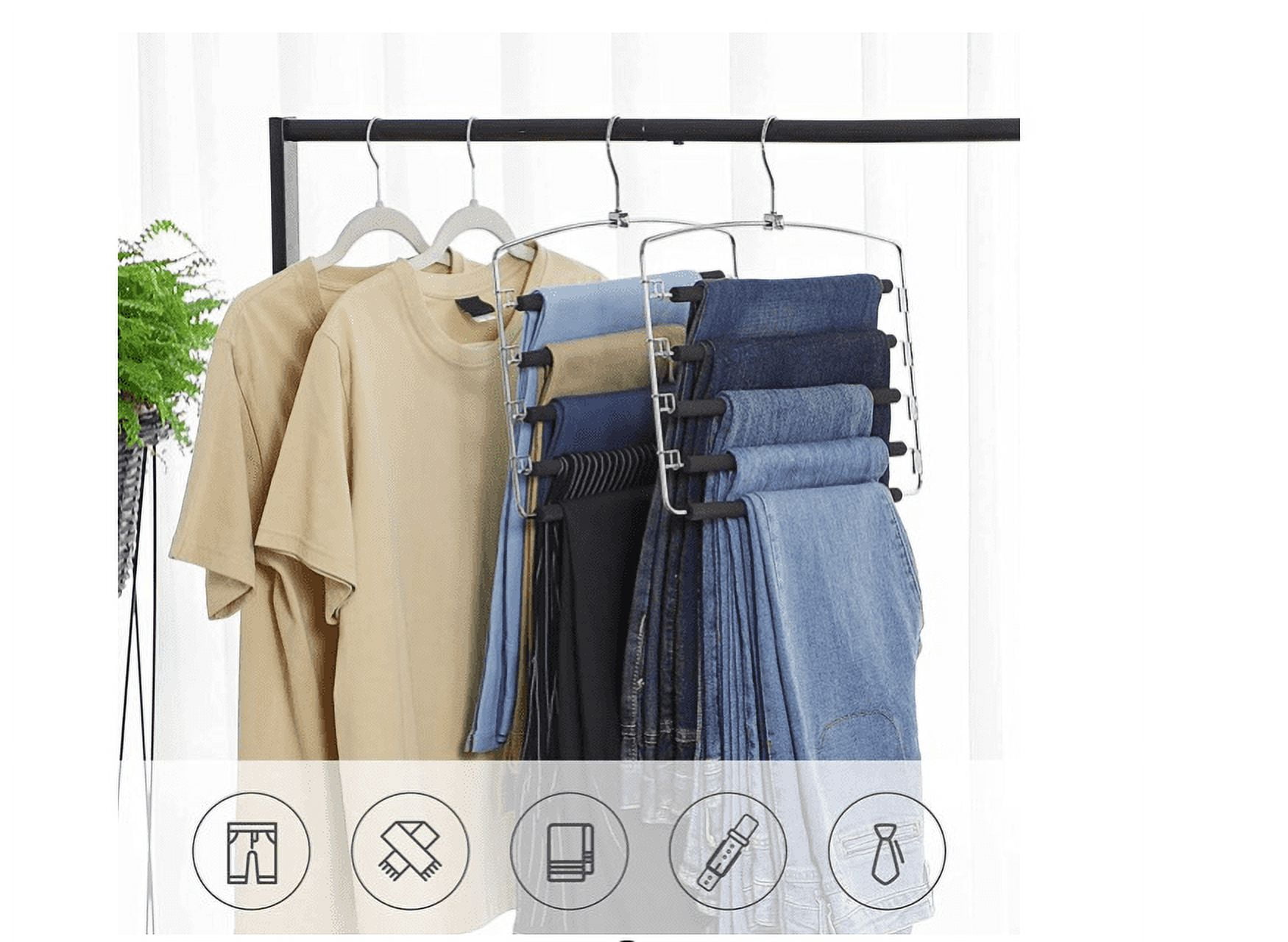 4 Pack Pants Hangers Space Saving, 5 Layer Tiered Non-Slip Stainless Steel Pants Hangers, Multi-Tier Pants Organizer Hangers, Swing Arm Space Saver Pants Hangers for Scarf Ties Towels Jeans Trousers
